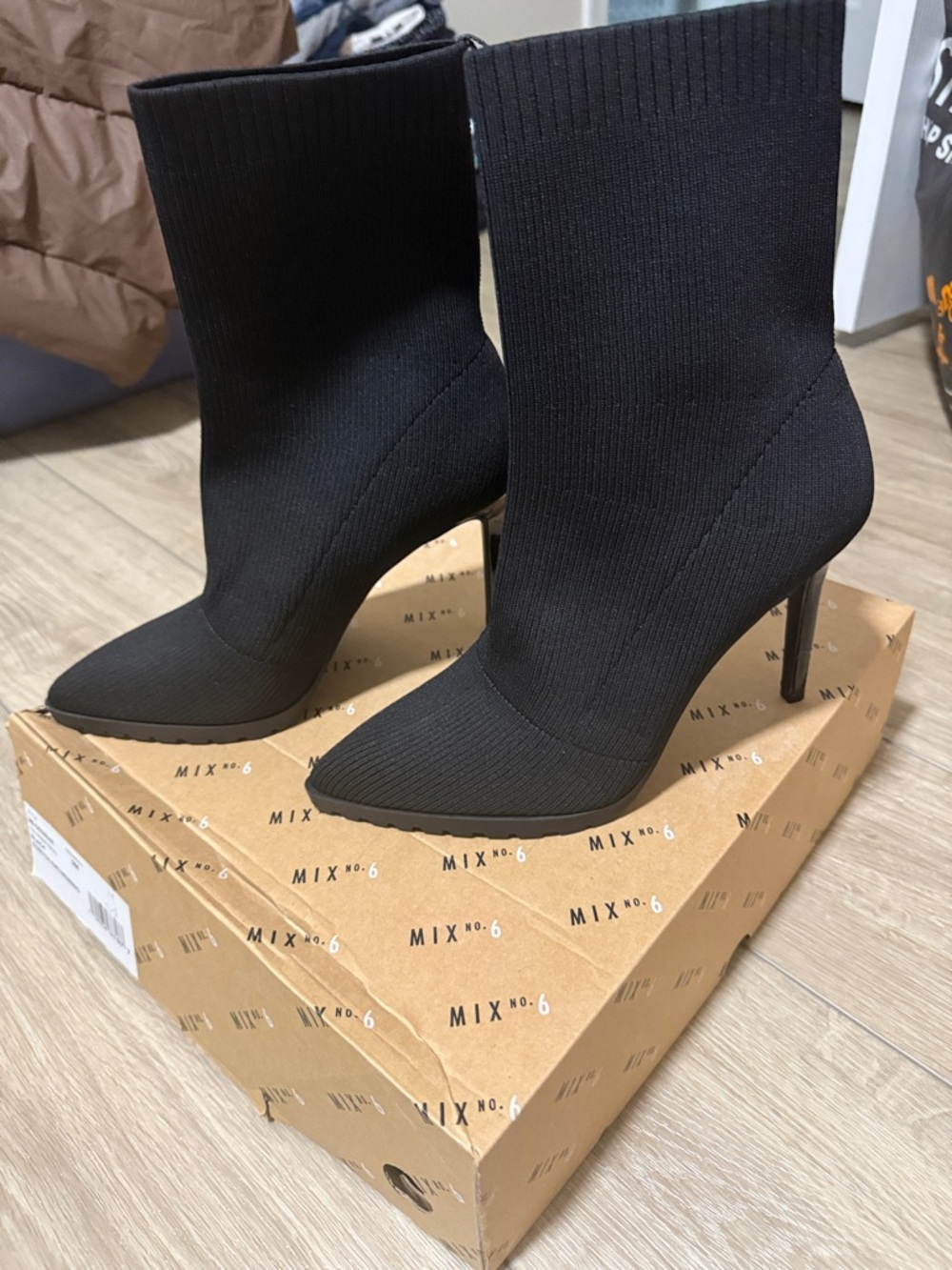 Mix No. 6 Black Stretch Sock Ankle Booties with Stiletto Heel